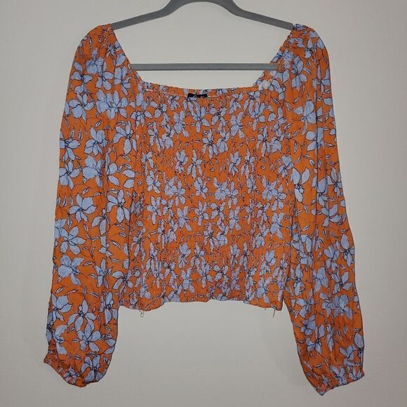 JESSICA SIMPSON MUSTARD AND BLUE FLORAL BOHO SMOCKED CROP TOP SIZE XL - Picture 1 of 4